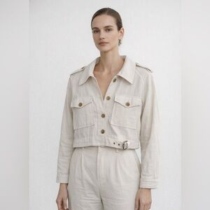 Olive Clothing Cropped Linen Cotton Jacket Boxy Fit, Epaulet Detail, Belted Hem